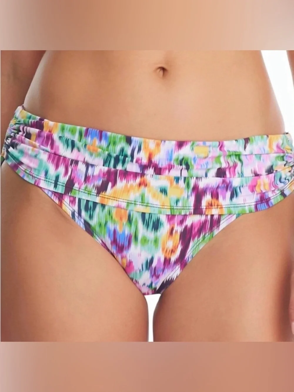 Bleu Rod Beattie Multicolor Ruched Bikini Bottom in Pink, Green, Blue & Yellow